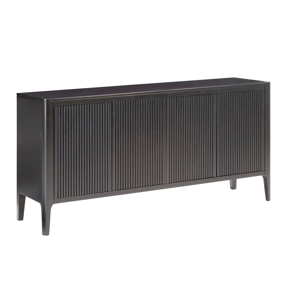 Dark wooden sideboard with slatted doors on a white background
