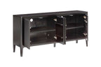 Dark wood entertainment console with open doors on a white background
