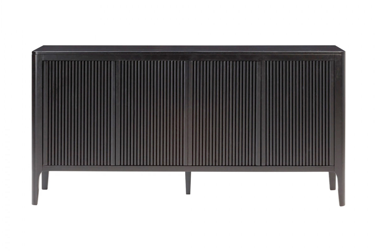Black oak wooden sideboard with horizontal slats on a white background
