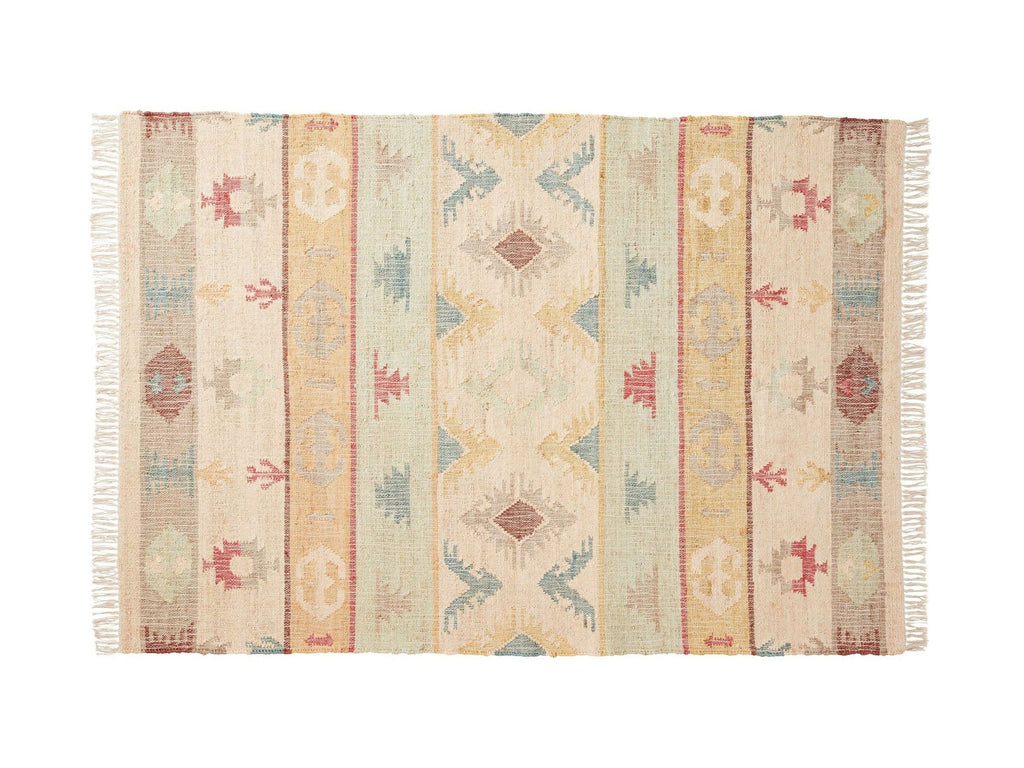 Decorative jute rug with geometric pattern on a white background