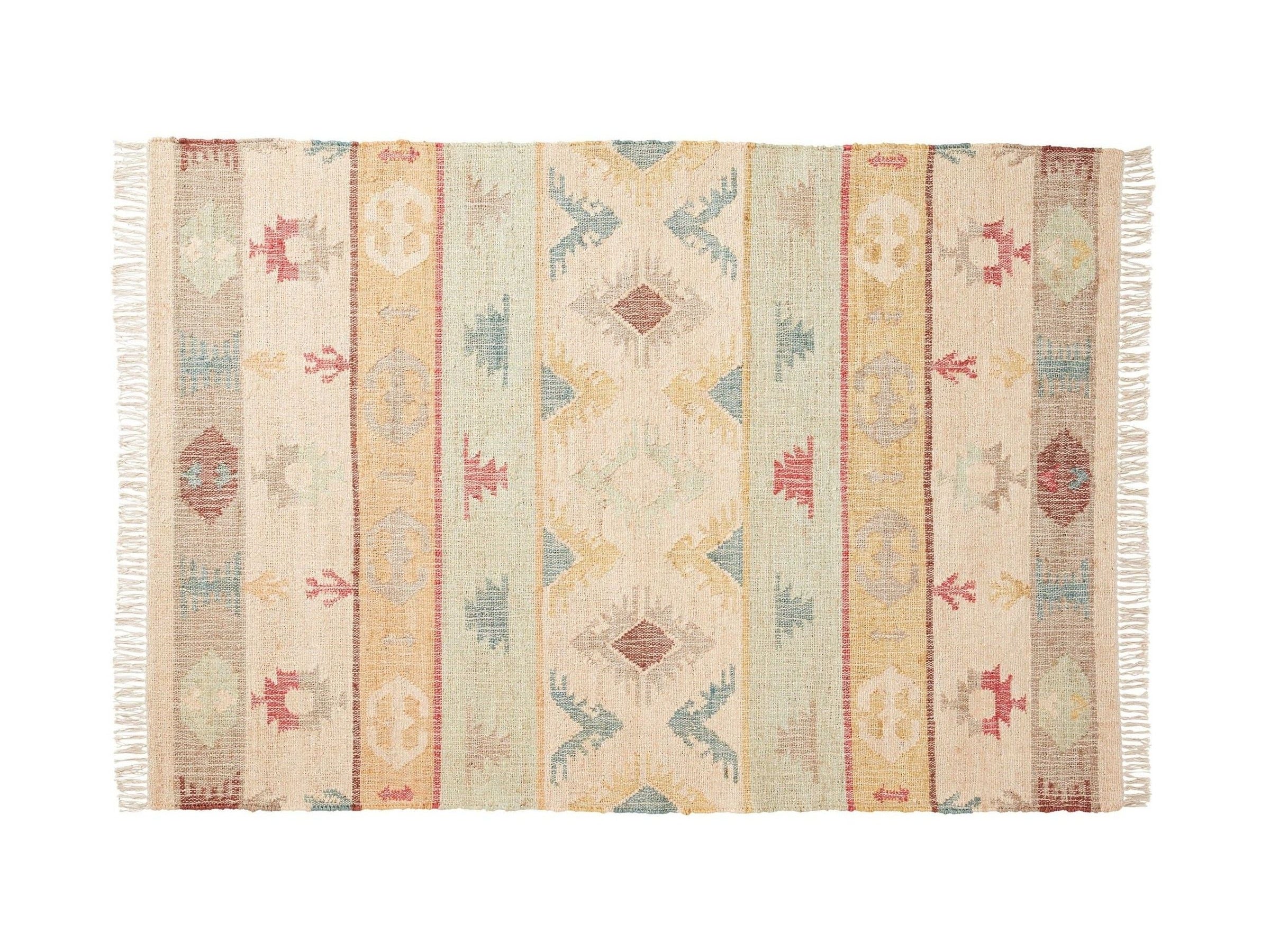 Decorative jute rug with geometric pattern on a white background