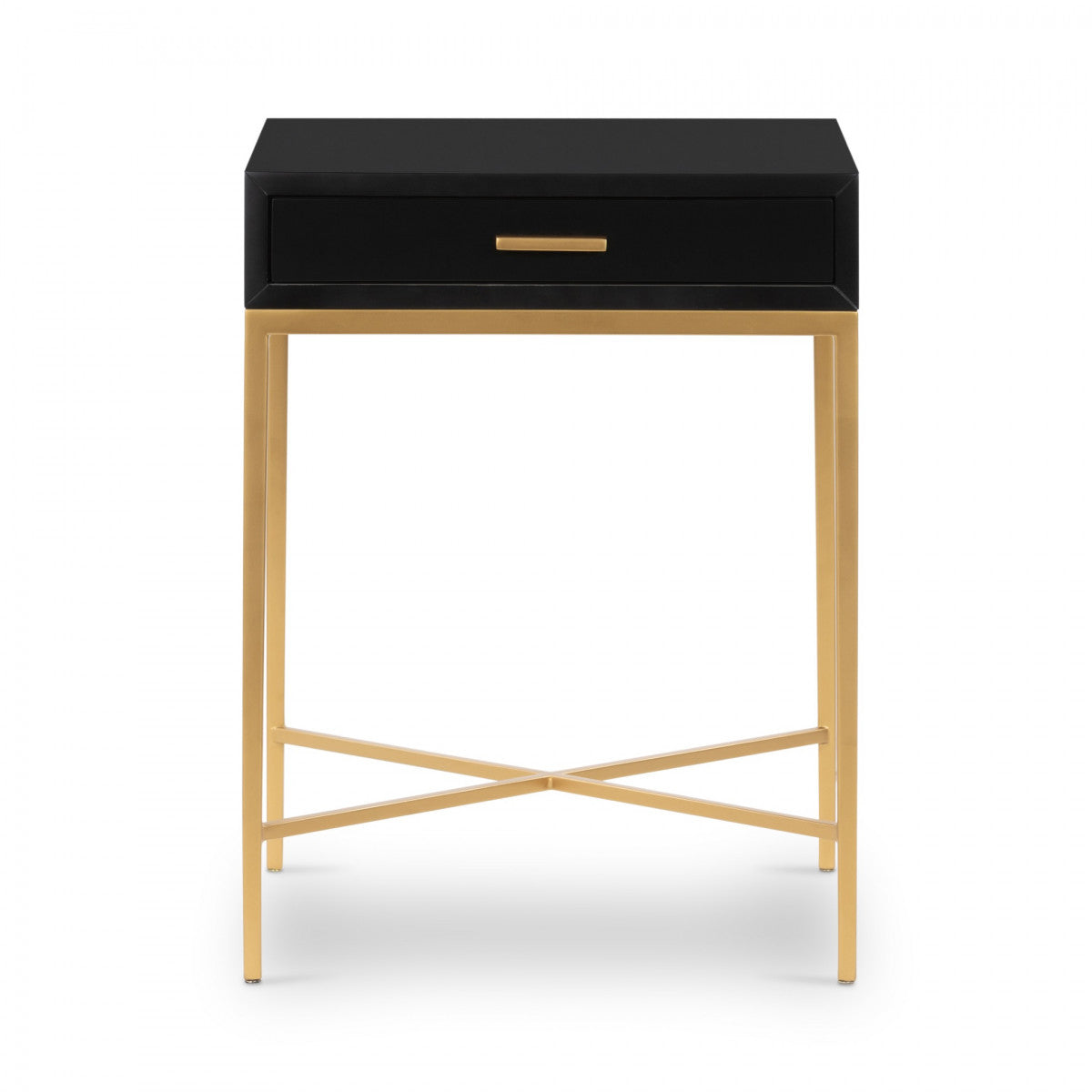 Black side table with a drawer and brass finish legs on a white background
