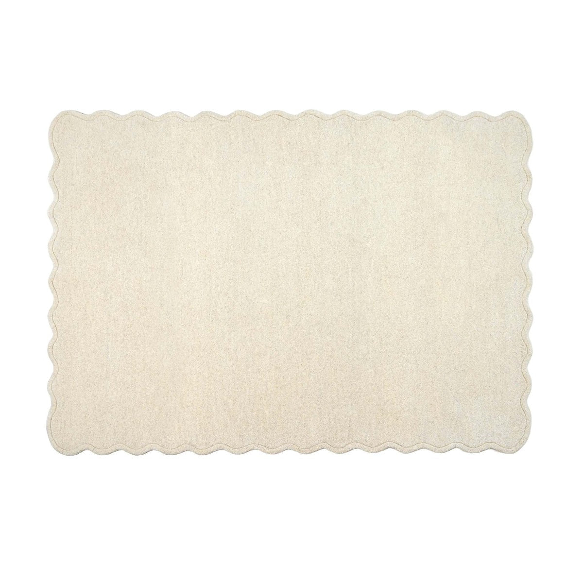 A rectangular cream-colored rug with scalloped edges, shown flat against a solid white background.