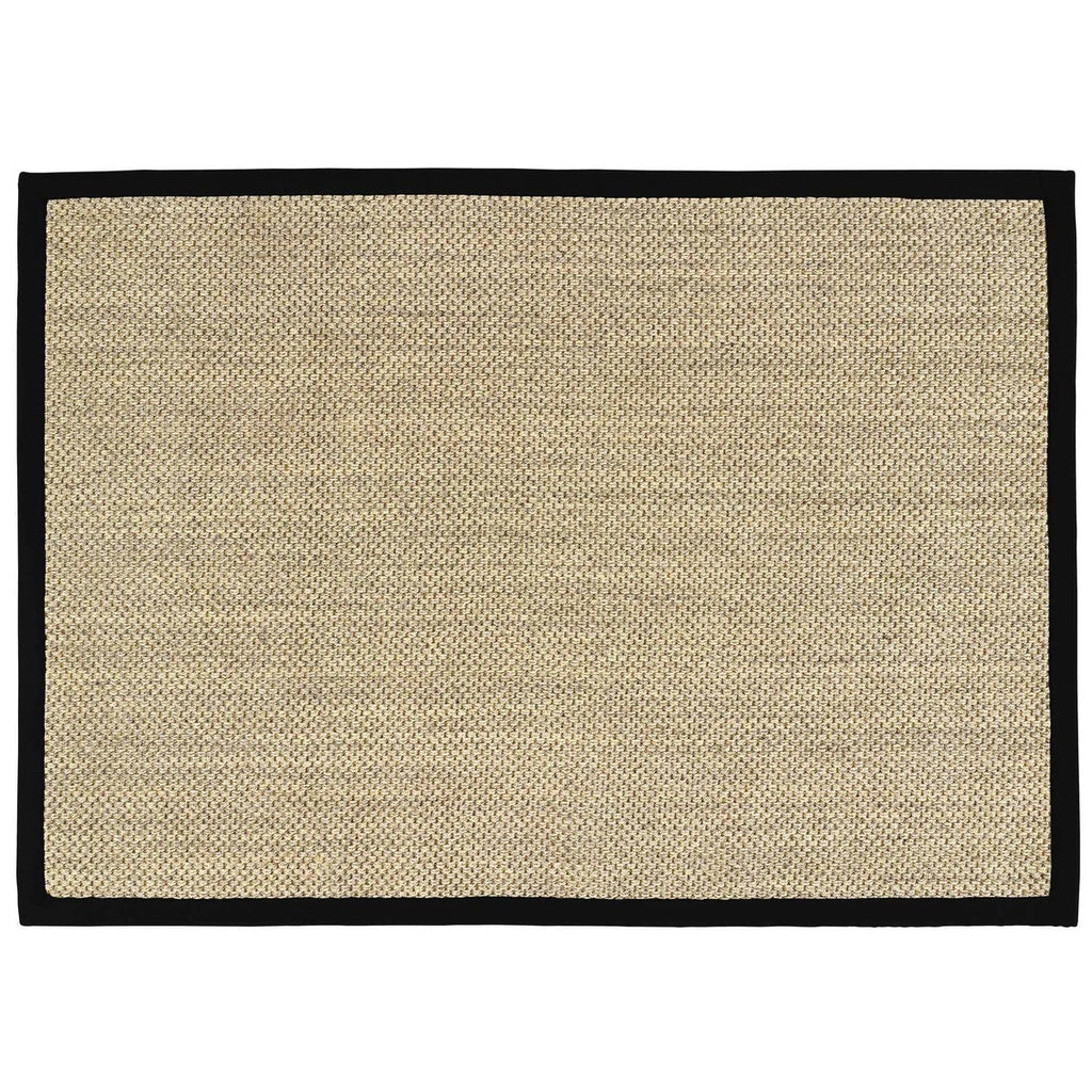 Beige woven rug with a black border on a white background