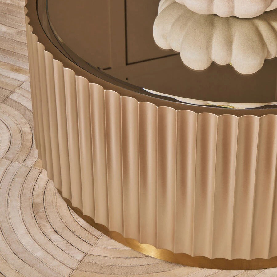 Dusino Champagne Gold Finish | Flute Detail | Coffee Table with Mirror Top
