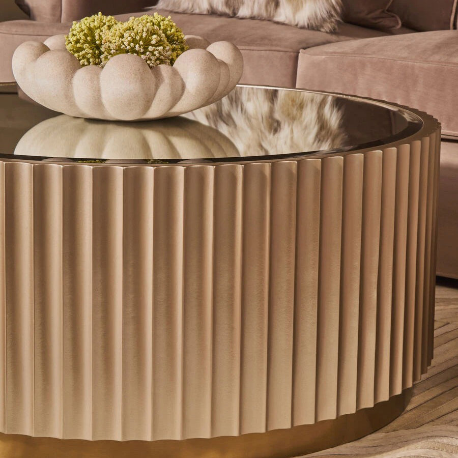 Dusino Champagne Gold Finish | Flute Detail | Coffee Table with Mirror Top