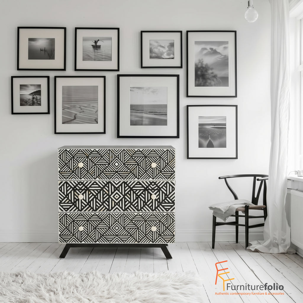 Cabinet with geometric pattern on a white background in a wonderful black and white room - mother of pearl