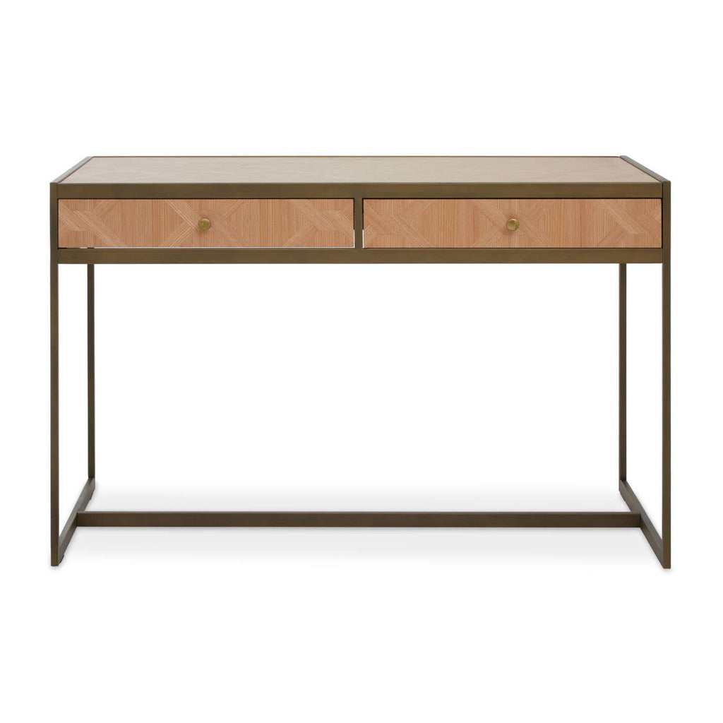 Modern oak desk with two drawers and a geometric pattern on a white background