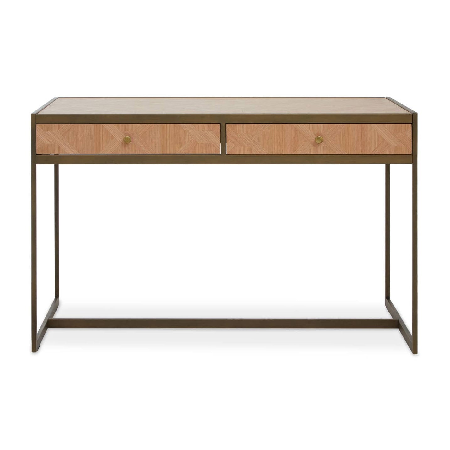 Modern oak desk with two drawers and a geometric pattern on a white background