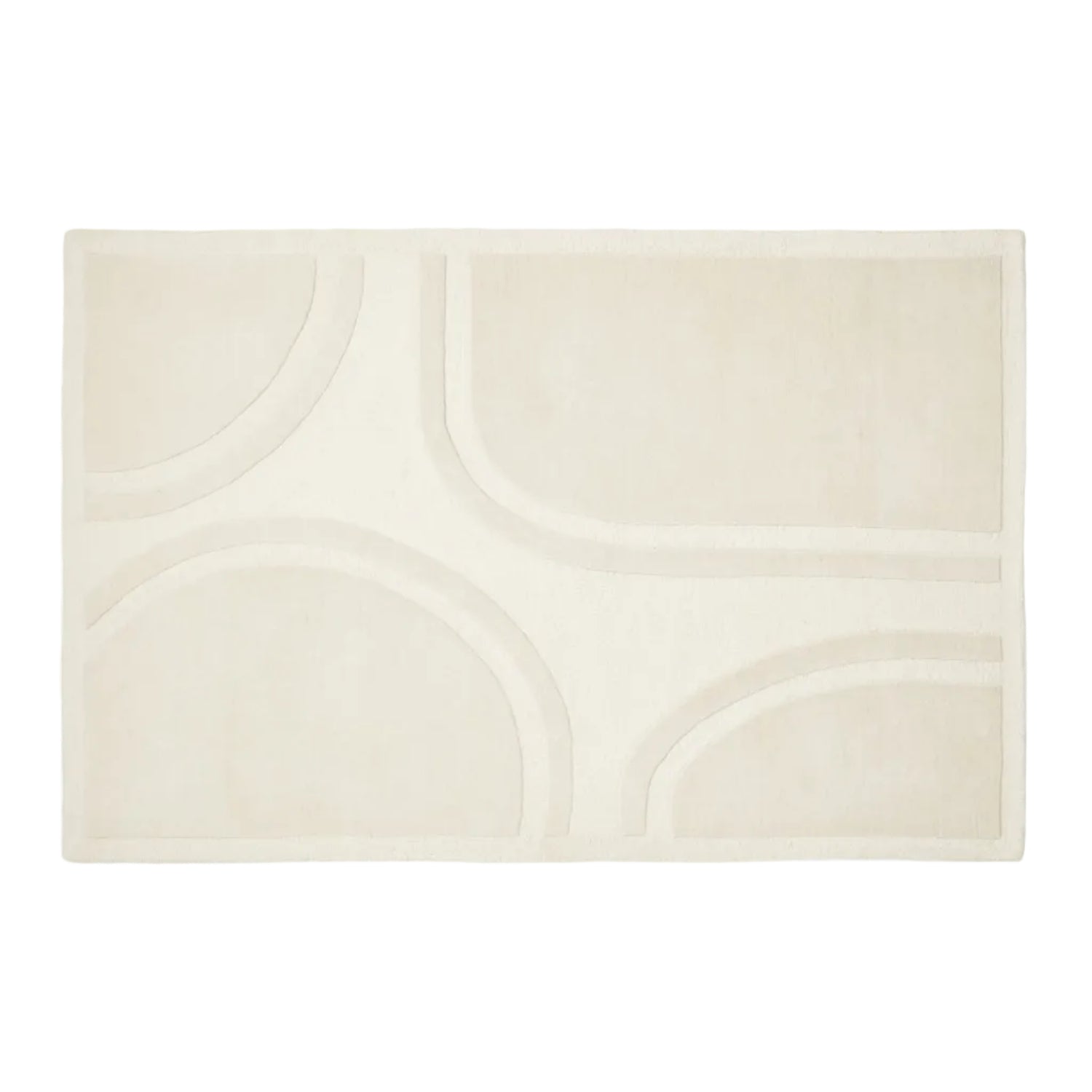 An off-white rectangular area rug with a subtle, tonal geometric pattern of curved lines and arches.
