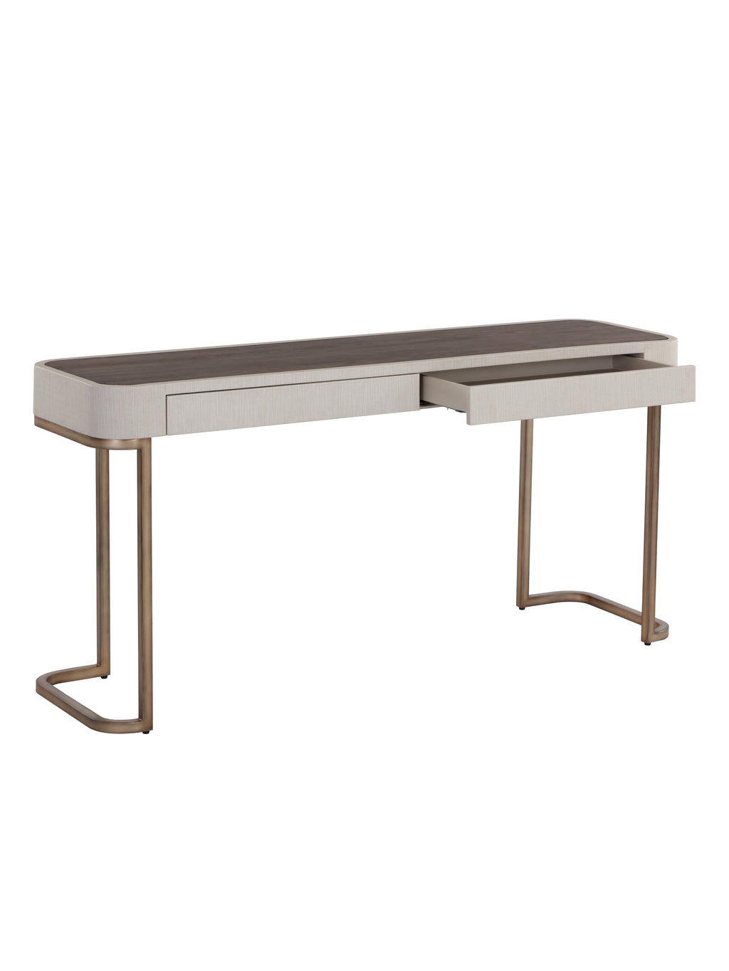 A modern writing desk with a light beige upholstered frame, a dark brown wood-grain top, and curved metallic bronze legs, shown with one drawer pulled out against a plain white background.