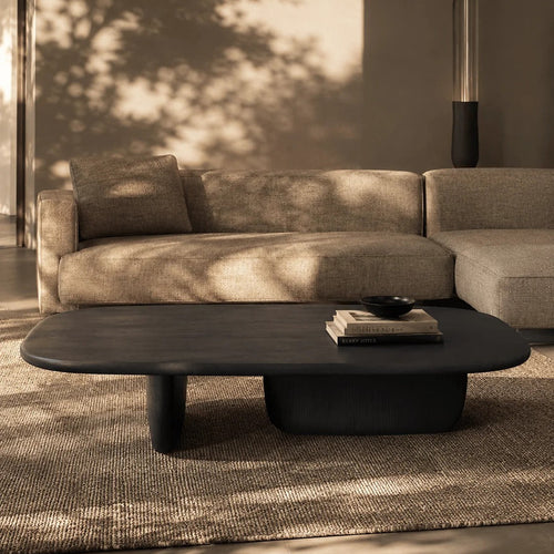 black oak coffee table and sofa