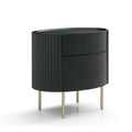 Black oval side table with gold legs on a white background