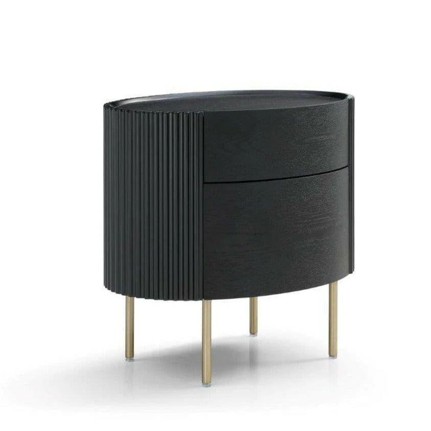 Black oval side table with gold legs on a white background