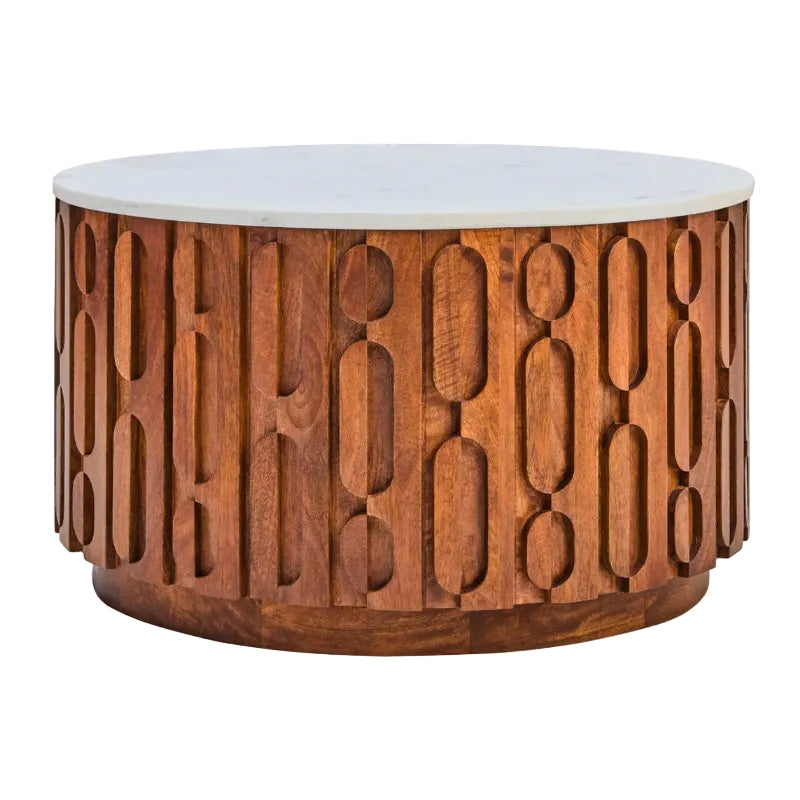 Wooden coffee table with geometric pattern on a white background