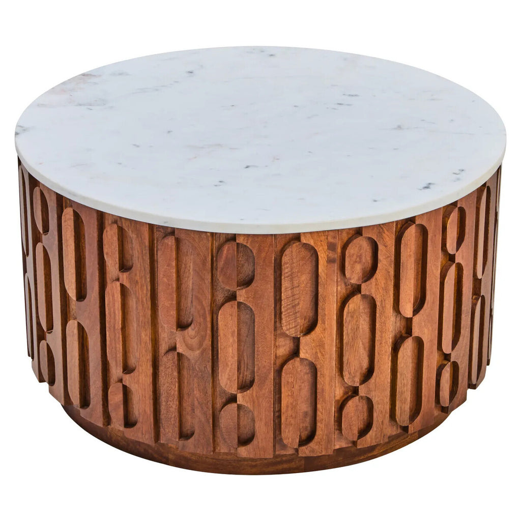 Torcino Round Coffee Table in Marble and Carved Mango Wood
