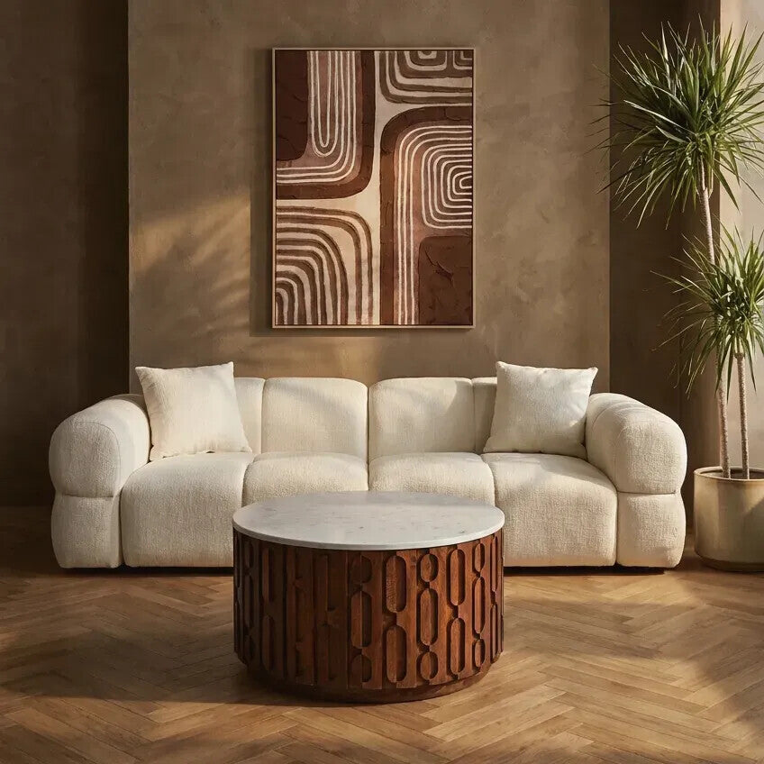 Torcino Round Coffee Table in Marble and Carved Mango Wood