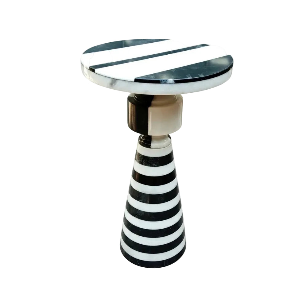 Side table with black and white striped design on a white background