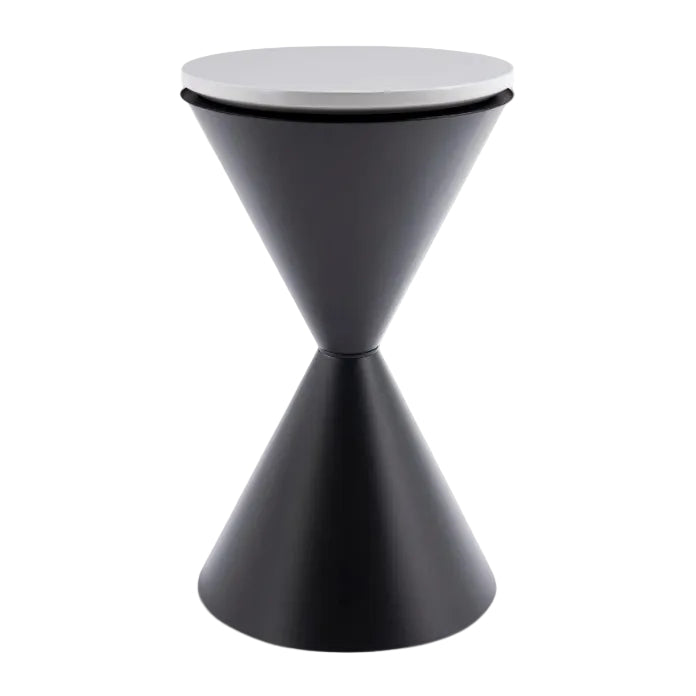 An hourglass-shaped side table with a black matte powder base and a white marble top, designed in a contemporary style.