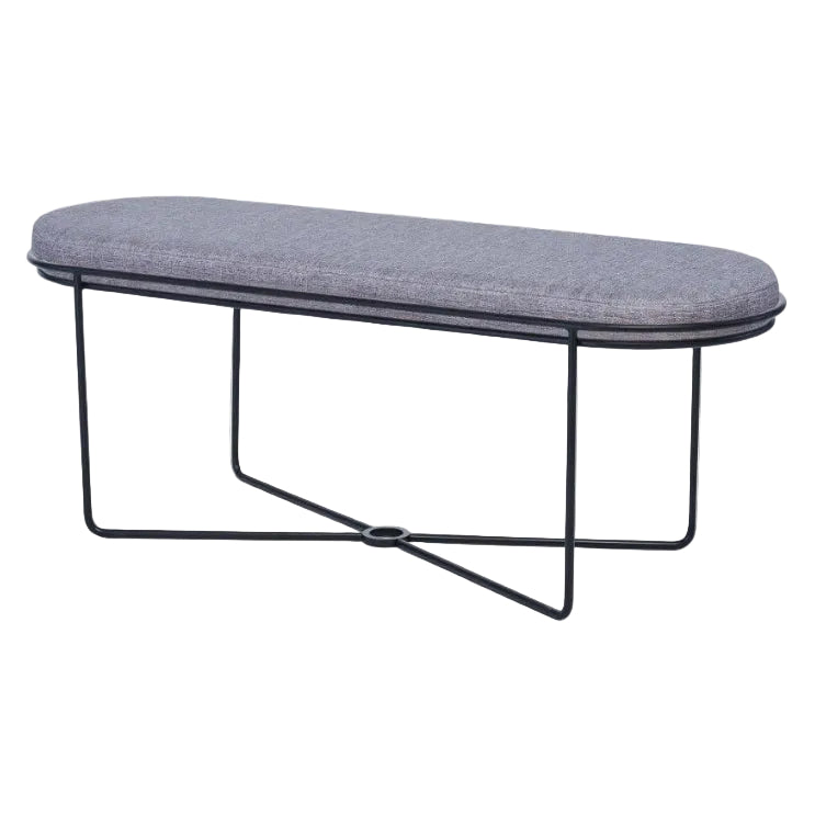 Oval-shaped bench with gray cushioned top and black metal frame on a white background